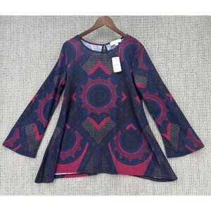 Weekend Suzanne Betro Top Womens L Burgundy Blue Ikat Tail Tunic Long Sleeve NWT